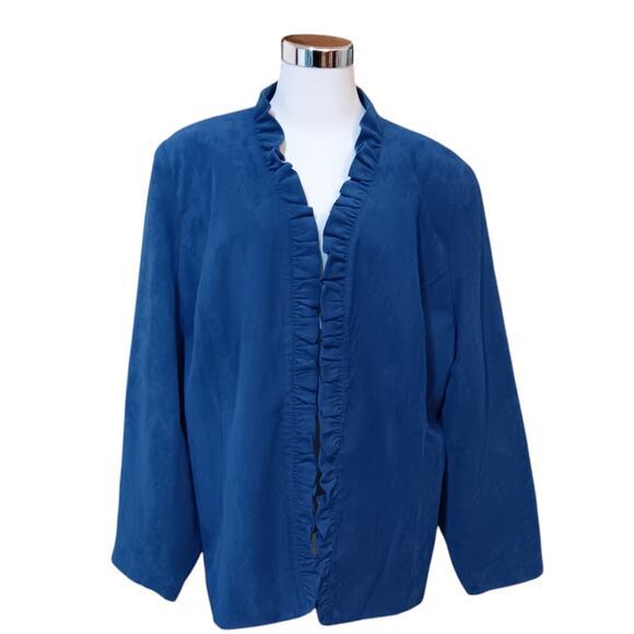 DRESSBARN Jacket Faux Suede Ruffled Beautiful Blue Size‎ 18W Open Front Blazer - Picture 3 of 13